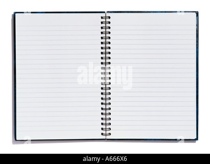 Un open nero rilegato a spirale per notebook rivestito con Pages Foto Stock