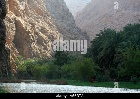 La donna in un rosso dishdasha tra verdi palme di Wadi Fusc, Oman Foto Stock