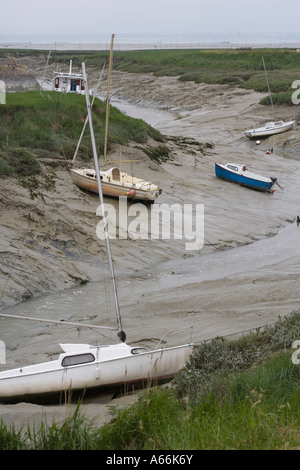 Barche ancorate a bassa marea. Le Vivier-sur-Mer, Ille-et-Vilaine département région Bretagne, Francia Foto Stock