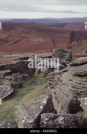 Vista da Hookney Tor pila di rocce di colori di Erosione di Burrone lontano sulla Collina Parco Nazionale di Dartmoor Devon England 2004 NR Foto Stock