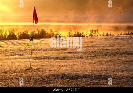 Alba sul green di golf con il gelo e la nebbia Foto Stock