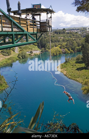 L'uomo tuffarsi nel fiume Waikato da 47 metri di altezza piattaforma a sbalzo in corrispondenza di Taupo Bungy Isola del nord della Nuova Zelanda Foto Stock