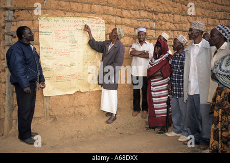 Consulente agricolo per partecipare a una sessione di pianificazione del progetto con gli agricoltori, Lushoto Tanzania Foto Stock