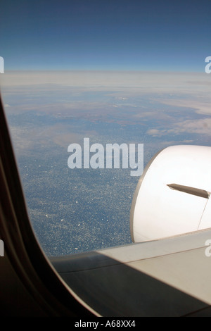 Volo aereo oltre oceano Atlantico tra la Groenlandia e Labrador passando sopra deriva i campi di ghiaccio, Canada Orientale Foto Stock