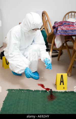 Responsabile legale di raccolta di sangue a una scena del crimine Foto Stock