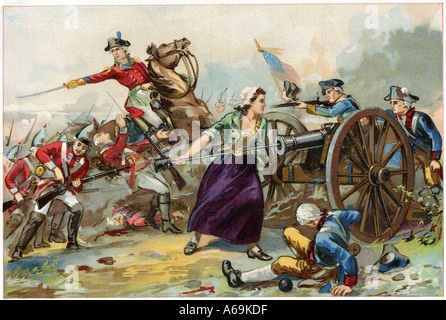 Moll brocca utilizzando una bacchetta di caricamento per aiutare l'esercito continentale durante la Battaglia di Monmouth 1778. Litografia a colori Foto Stock