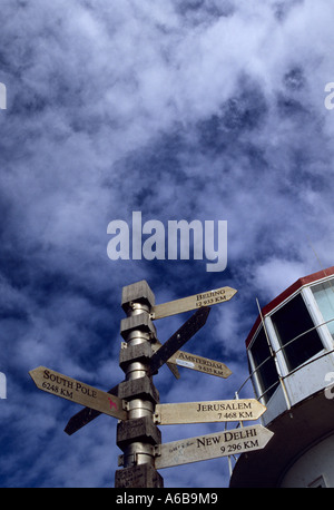 Città del Capo, Sud Africa, sfondi, puntatori di frecce al faro di Cape Point nel Parco Nazionale di Table Mountain, luoghi del mondo, destinazione di viaggio Foto Stock
