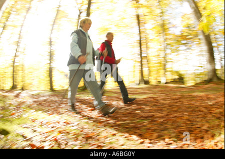 Coppia senior facendo nordic walking, Senioren Paar beim Nordic Walking Foto Stock