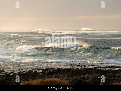 Drammatiche le onde si infrangono sulla battigia a El Cotillo, Fuerteventura, Isole Canarie Islas Foto Stock