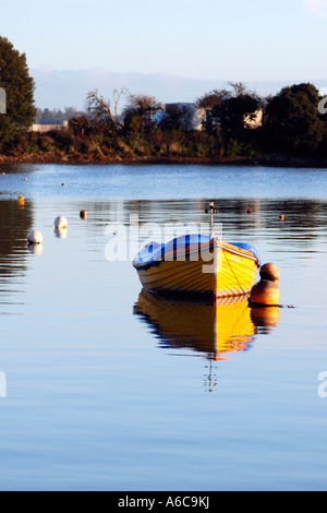 Gialla singola imbarcazione attraccata al porto Cockwood tra Dawlish Warren e Starcross presso sunrise su una soleggiata mattina di febbraio Foto Stock