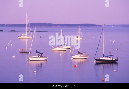 Stati Uniti Maine Camden Camden porto baia di Penobscot velieri ormeggiati nella baia al crepuscolo Foto Stock