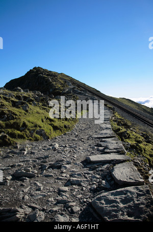 L'avvicinamento finale alla cima del monte Snowdon Yr Wyddfa seguendo la linea ferroviaria Parco Nazionale di Snowdonia Gwynedd in Galles Foto Stock