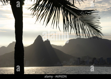 Un albero di palme sulla spiaggia di Ipanema blocca il sole e l'ombra della montagna di Rio de Janeiro in Brasile. Foto Stock