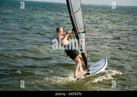 BELIZE Ambergris Caye windsurfer maschio a bordo di tenere la Vela Caribbean Water Foto Stock