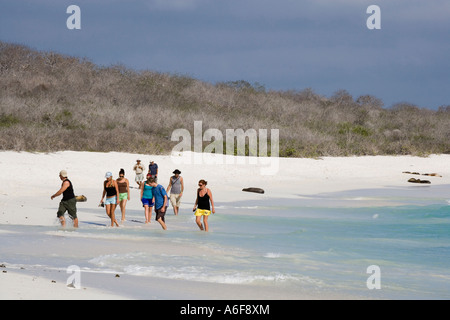 Le Galapagos i leoni di mare e i turisti Foto Stock