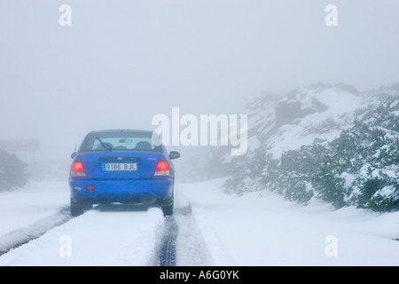 Auto blu vista posteriore guidando attraverso neve nebbia sul Monte Roque de los Muchachos La Palma Canarie Spagna Foto Stock