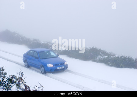Blue car guida attraverso la neve nebbia sul Monte Roque de los Muchachos La Palma Canarie Spagna Foto Stock
