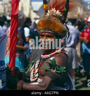 Ritratto di tribesman maschio con dipinto il viso e corpo indossando il costume tradizionale e copricapo peloso da Papua Nuova Guinea Foto Stock