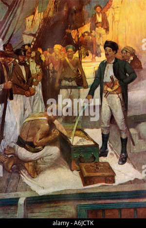 Pirata Jean Lafitte accetta un petto di riscatto. Colore mezzetinte di Frank Schoonover illustrazione Foto Stock