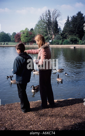 Madre e figlio alimentazione di anatre di Osterley Park Middlesex England Regno Unito Foto Stock