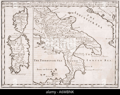 Carta del XIX secolo della Grande Grecia e delle Isole della Sardegna e della Corsica di Guillaume delle, 1675 a 1726. Foto Stock