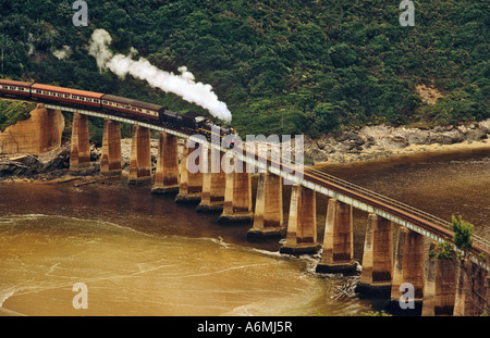 Di OUTENIQUA CHOO TJOE Classe 19D locomotiva a vapore Tootsie su 'Garden Route' attraversamento Kaaimans River Bridge Foto Stock