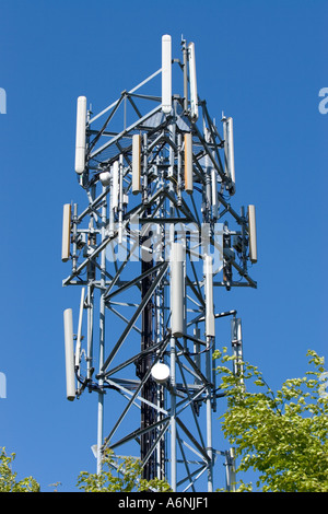 Array di antenne della stazione base del telefono cellulare parte di un sistema di telecomunicazioni rete con fogliame in primo piano in lancashire bury uk Foto Stock