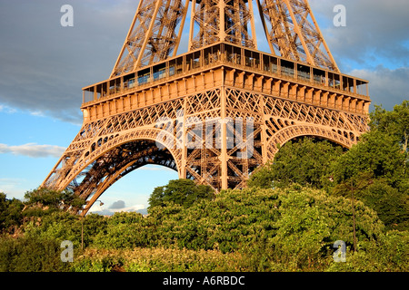 Torre Eiffel base tra alberi e fogliame Parigi Francia Europa Foto Stock