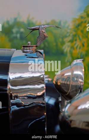 La parte anteriore del cofano e di ornamento di vintage Hispano-Suiza auto visualizzato in Schlumpf Automobile Museo Nazionale. Mulhouse, Alsazia, Francia. Foto Stock