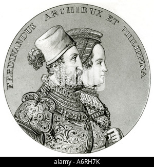 Ferdinando II, 14.6.1529 - 24.1.1595, Conte di Tirolo 1564 - 24.1.1595, con moglie Philippine Welser, disegno dopo aver coin, XVI sec. Foto Stock