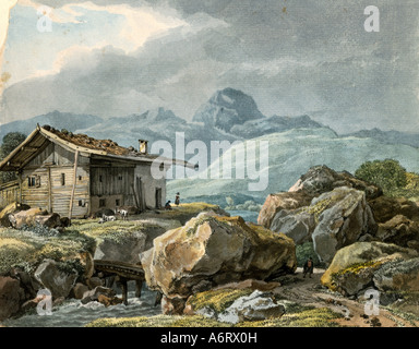 Belle arti, Kobell, Wilhelm von (1766 - 1855), maso di montagna vicino mountaint torrent, acquerello, circa 1830, 18,7x23,2 cm, spiagg Foto Stock
