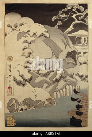 Belle arti, Utagawa Toyokuni (1769 - 1825), insorgenza di inverno, xilografia, inizi del XIX secolo, collezione privata, paesaggio, neve, sc Foto Stock