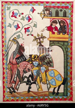 Belle arti, medioevo, gotico, illuminazione, Codex Manesse, Zurigo, 1305 - 1340, il conte Friedrich II von Leiningen (1201 - 1237) Foto Stock