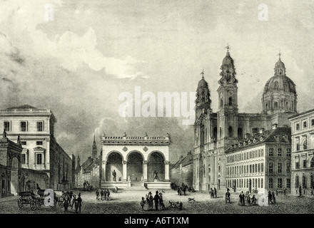 Geografia / viaggio, Germania, Monaco di Baviera, piazze, piazza Odeonsplatz, Feldherrnhalle e la chiesa di Theatiner intorno al 1850, litografia, dopo incisione in acciaio, da J.Poppel, Berlino, 1912, storico, storico, Europa, Baviera, 19th / 20th secolo, architettura, classicismo, chiese, barocco, persone, 1910s, Foto Stock