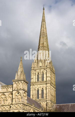 La Cattedrale di Salisbury contro un cielo tempestoso Foto Stock