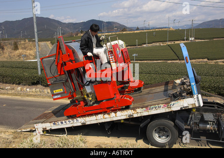Giappone Central Honshu Shizuoka area tè Kanaya estates rosso campo specializzato veicoli progettati per campi di tè essendo guidato su un Foto Stock