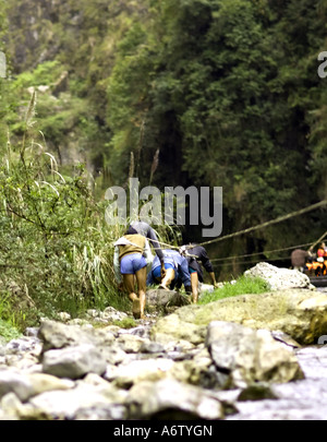 Cina fiume Yangtze forti muscoli e senewy gambe di battellieri peapod come essi ceppo contro le corde per estrarre il segnale di PEA barche Foto Stock