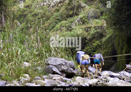 Cina fiume Yangtze forti muscoli e sinewy gambe di battellieri peapod come essi ceppo contro le corde per estrarre il segnale di PEA barche Foto Stock