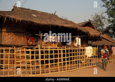 Thailandia, Golden Triangle. Signora davanti a capanna, Akha Hill Tribe Village. Foto Stock