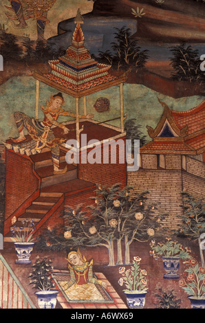 Asia Thailandia Chiang Mai. Colorati murali dipinti in 1811 adornano il tempio buddista di Wat Pra Singh Foto Stock