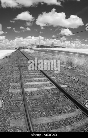 Foto a infrarossi dei binari del treno e del cielo Foto Stock