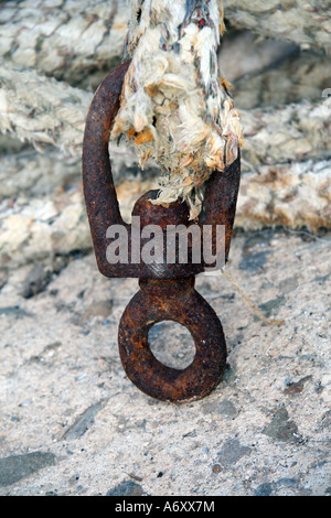 Molto gancio arrugginito attaccato ad una corda. Foto Stock