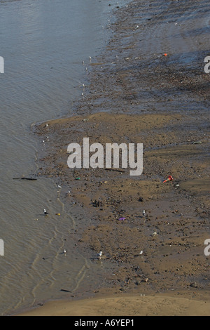 La bassa marea sul Fiume Tamigi a Waterloo Bridge London inverno Foto Stock