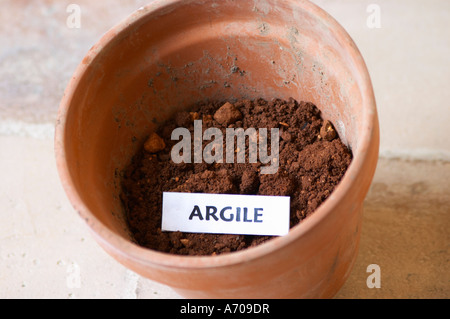 Impianto pot con campione di suolo che illustrano diversi tipi di suolo, parte di una serie: argilla, argile. Chateau Villerambert-Julien vicino Foto Stock