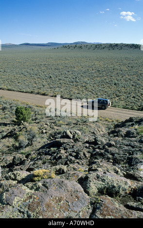 Veicolo su strada sterrata, storico California Trail, Goose Creek Valley, Nevada, STATI UNITI D'AMERICA Foto Stock