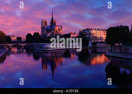La cattedrale di Notre Dame si riflette sul Fiume Senna a sunrise, Parigi, Francia Foto Stock