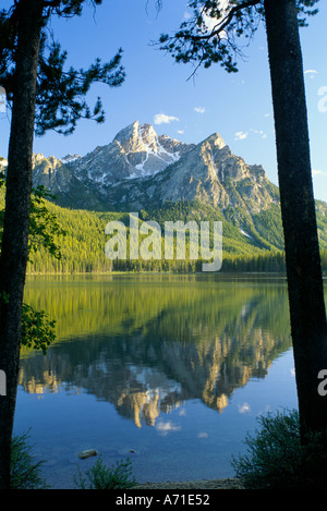 Due alberi di pino, fiancheggiano la vista del picco McGown riflessa nelle acque cristalline del Lago di Stanley montagne a dente di sega di ID Foto Stock