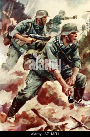 Nazionalsocialismo, belle arti, pittura, serie 'Army NCOs', foto 'leader di una pattuglia di raiding', cartolina, circa 1941, NCO, corporale, fanteria, soldato tedesco, Wehrmacht, esercito, uniforme, casco in acciaio, granata a mano, Seconda guerra mondiale, seconda guerra mondiale, propaganda, Germania nazista, Terzo Reich, militare, 20th secolo, , Foto Stock