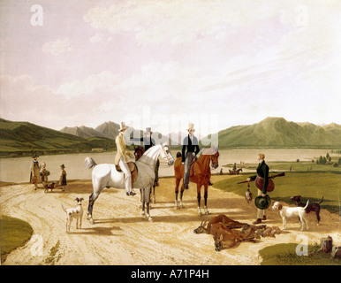 "Belle Arti, Kobell Wilhelm von, (1766 - 1855), pittura, 'Jagdgesellschaft am Tegernsee' ('la caccia parte sul lago Tegernsee" Foto Stock