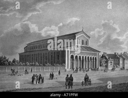 Geografia / viaggio, Germania, Monaco di Baviera, chiese, San Bonifaz, (costruito 1835 - 1847), Karlsstraße, litografia, metà del 19th secolo, storico, storico, Baviera, Europa, religione, canonica cattolica, chiesa parrocchiale, abbazia benedettina, costruita da Georg Friedrich Ziebland, Karlstrasse, Karls Street, Munchen, Muenchen, architettura, edificio, edifici, persone, Foto Stock